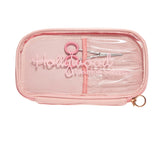 Pink transparent pouch with 'Hollywood Fashion' text on a white background